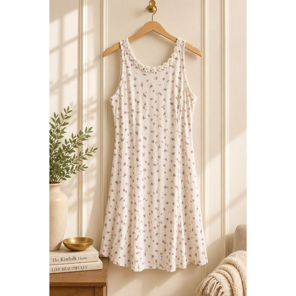 Free People Size *M* Floral Daisy Trim Mini Dress Cream Purple Cottagecore NWOT